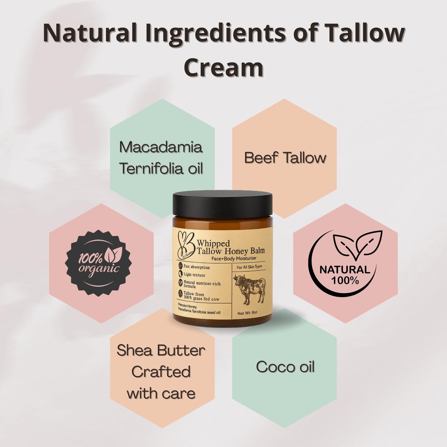 B.Chartier Beef Tallow for Skin- Tallow Balm for face- Tallow Face Moisturizer - Beef Tallow Moisturizer- Tallow and Honey Balm - Grass Fed Beef Tallow For Skin - Tallow Face Cream Lotion (8.0 oz)