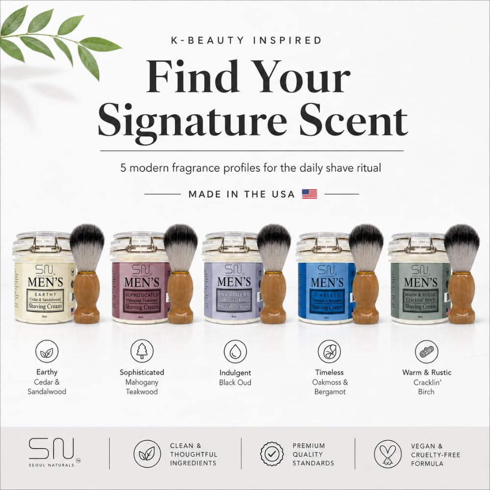 Seoul Naturals Cedarwood & Sandalwood Shaving Cream for Men – 100% Natural Handmade Shave Cream, Korean Beauty Inspired (K-Beauty), Smooth Traditional Wet Shave, 6 oz