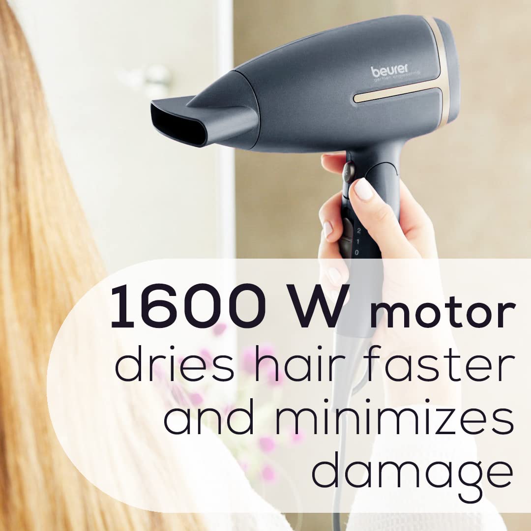 Beurer HC25 Ionic Hair Dryer for Travel with Voltage Switch 1600W Anti Frizz Blow Dryer, Foldable Handle, Lightweight Styler, Nozzle Attachment, Black and Rose Gold