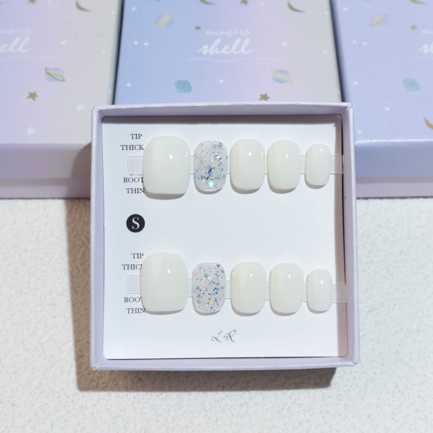 LIGHT RAIN Press on Nails - Day, 3D Luxury Reusable Seven Layers Gel UV Finish False Nails, Handmade Nail Art with Design by Licensed Manicurist, Short Square Shape, Medium Size