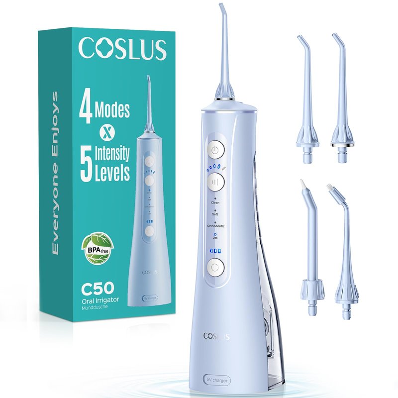 COSLUS C50 Portable Water Flosser for Teeth: 4 Modes & 5 Intensity Levels Professional Electric Dental Pick for Sensitive Gums, Braces & Orthodontic - Cordless for Travel Use, BPA-Free, ADA Accepted