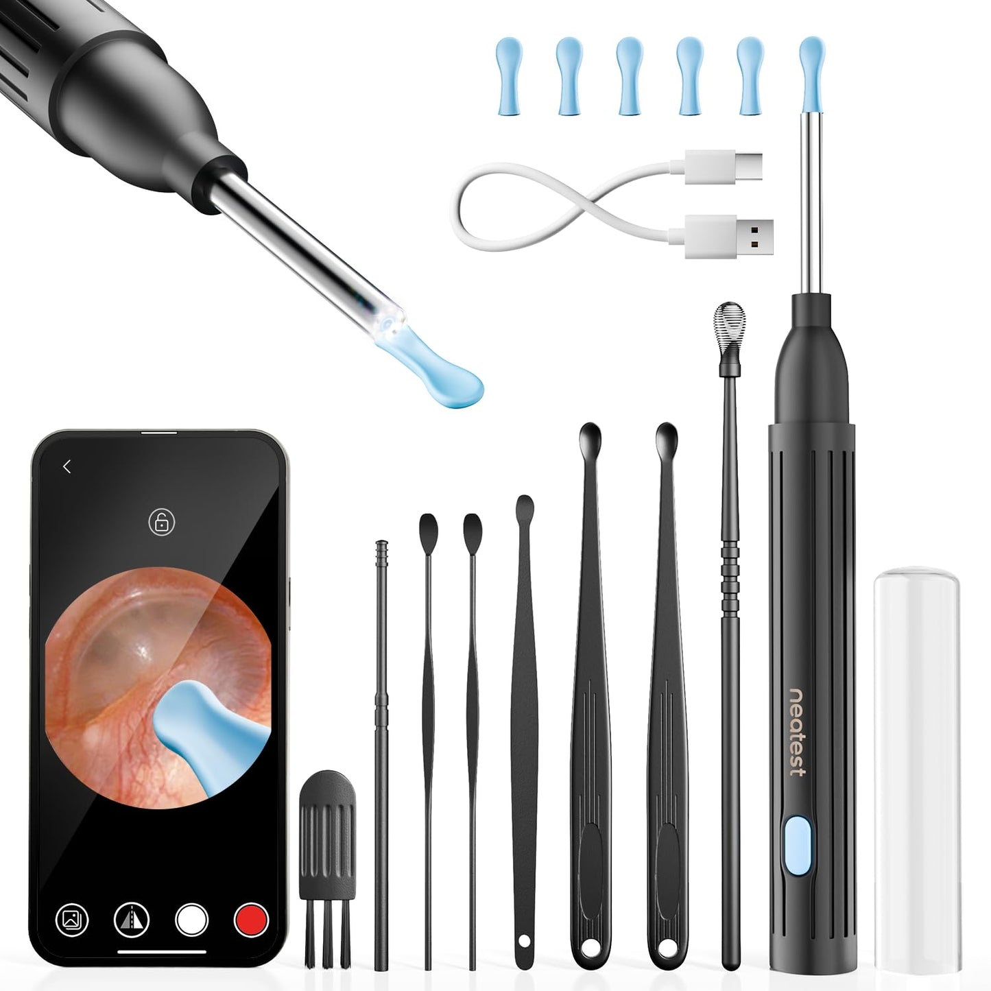 NEATEST Ear Wax Removal - Earwax Remover Tool with 8 Pcs Ear Set, 1296P HD Wireless Otoscope with 6 LED, Ear Cleaning Kit for iOS Android (Black)