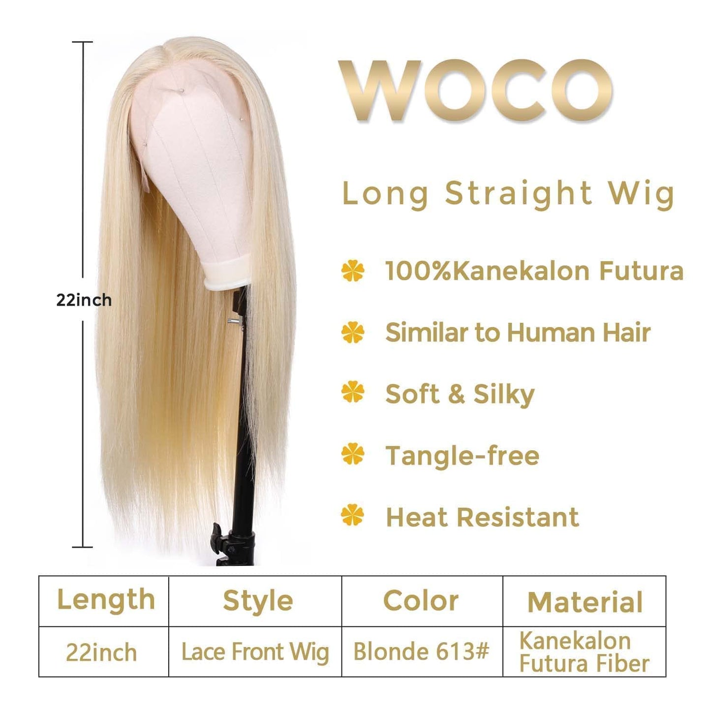 WOCO Women's Lace Front Wig Blonde T Part Long Straight 613 Color Kanekalon Futura Heat-Resistant Fiber Adjustable Synthetic Natural Looking Party Halloween Daily Hair Replacement Wig for Women