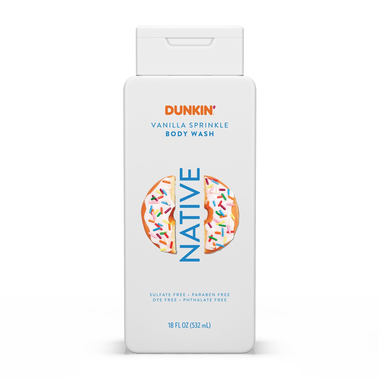 Native Body Wash, Dunkin Vanilla Sprinkle, Contains Naturally Derived Ingredients | For Women & Men, Sulfate, Paraben, & Dye Free Leaving Skin Soft and Hydrated | 18 oz