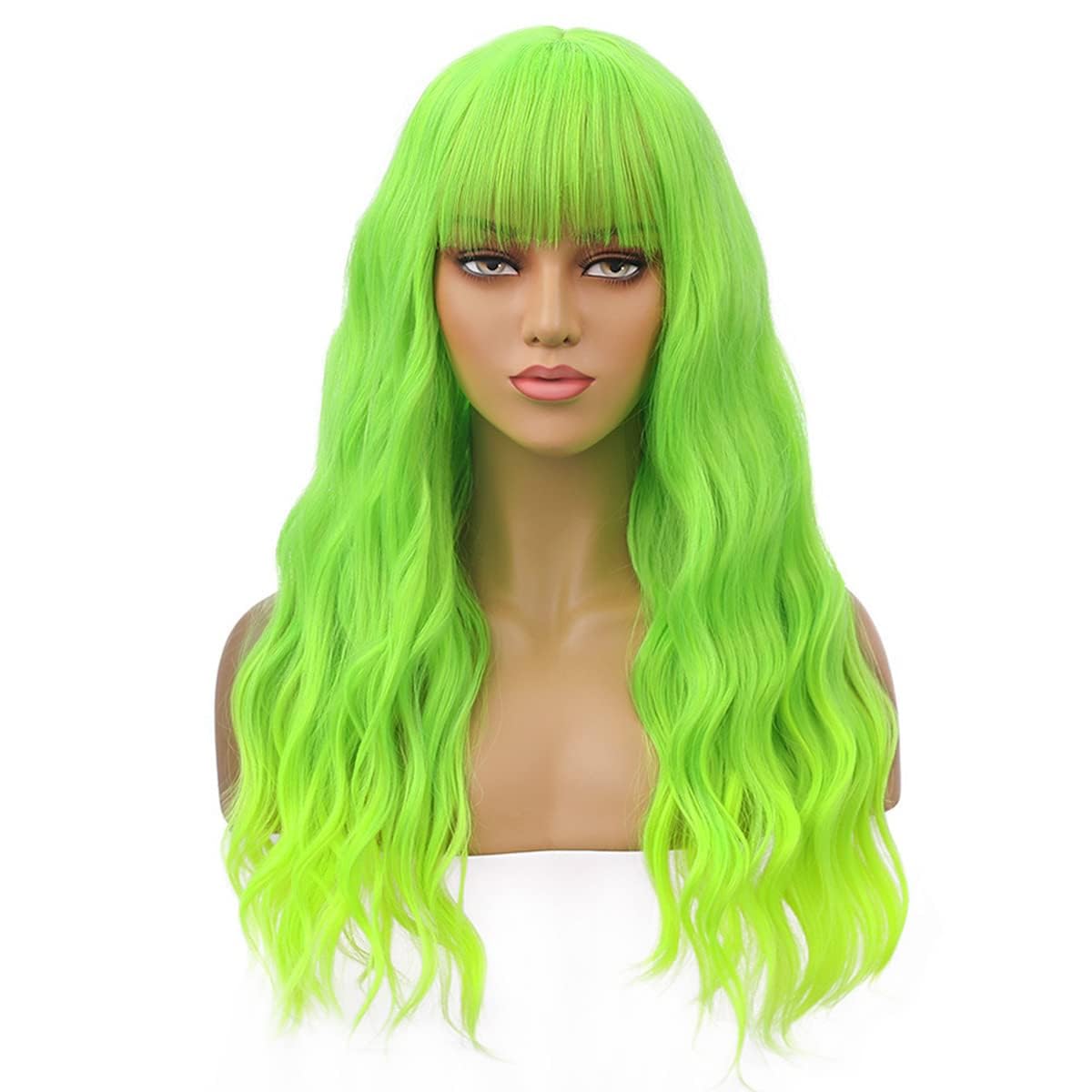 BERON 26 Inches Green Wig Long Curly Neon Green Wig with Bangs for Women Daily Party Hairnet Include