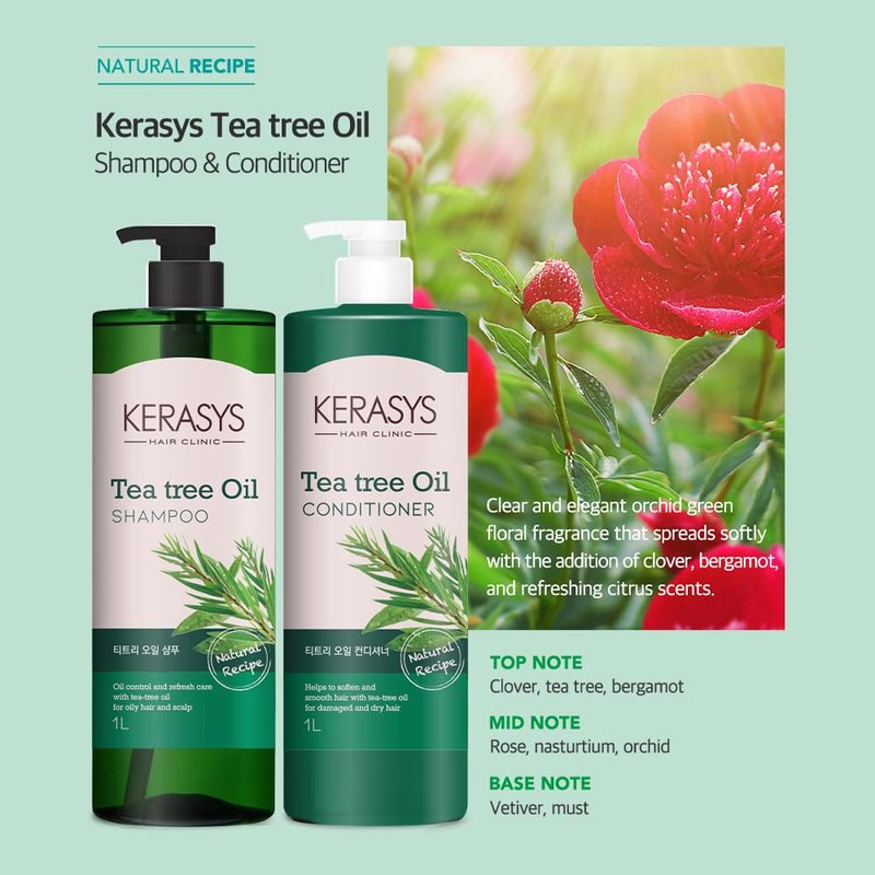 Kerasys Hair Clinic Tea Tree Oil 33.8 fl oz / 1L (Shampoo + Conditioner Set)