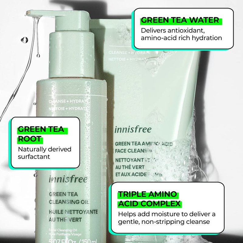 innisfree Green Tea Amino Acid Cleansing Foam, Sulfate Free, Korean Hydrating Face Cleanser with Gentle Foam
