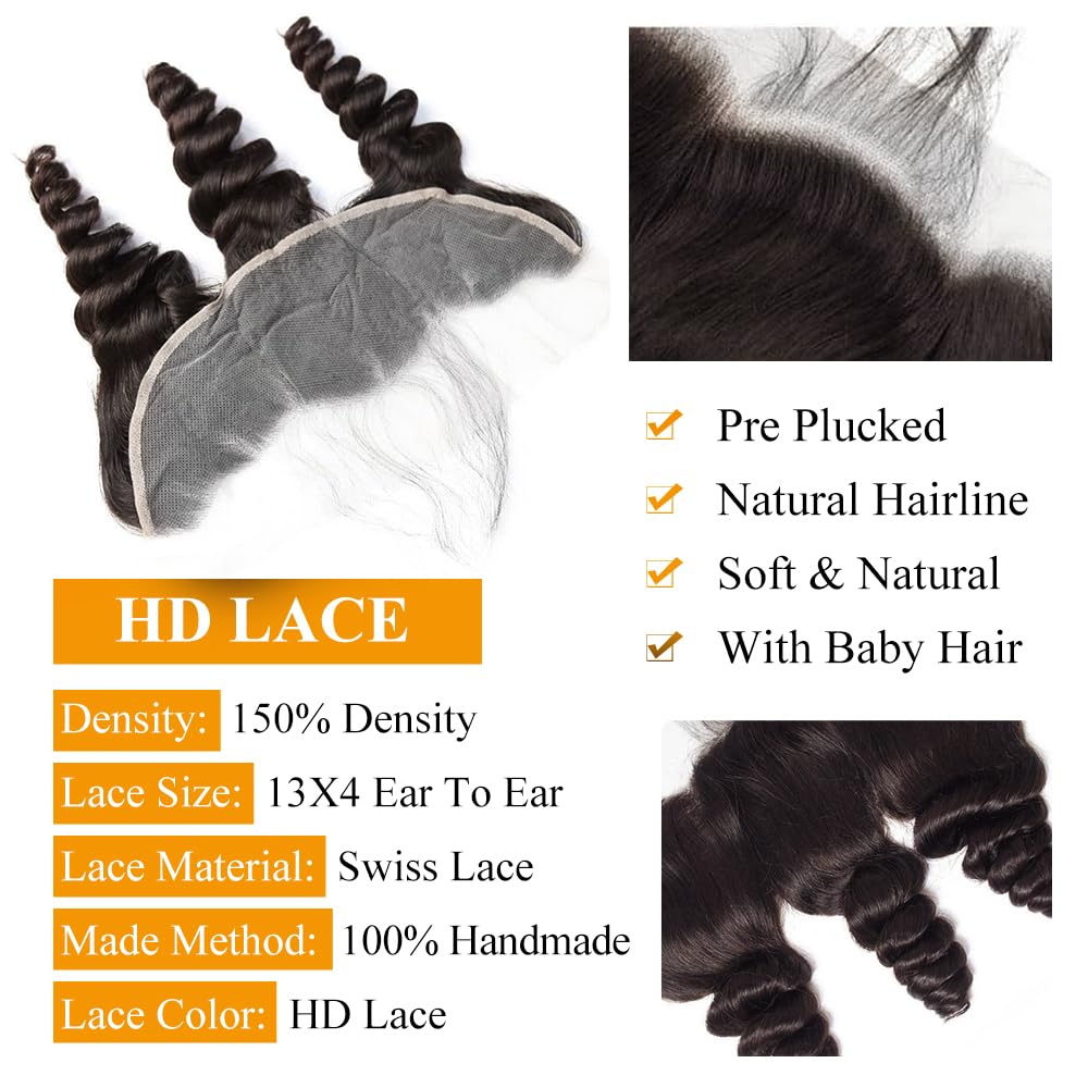 QTHAIR 18A 13x4 HD Lace Frontal Human Hair Loose Wave Frontal Pre Plucked with Baby Hair Ear to Ear Transparent Lace Closure 100% Unprocessed Brazilian Virgin Human Hair(12inch)