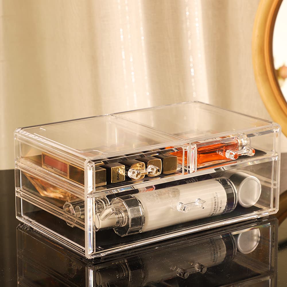 Cq acrylic 3 Pack Clear Make Up Organizer Countertop,Stackable 8 Drawers Makeup Storage,Cute Vanity Organizers for Dresser Hair Clip,Jewelry,Beauty Product Desk and Bathroom Organizers and Storage