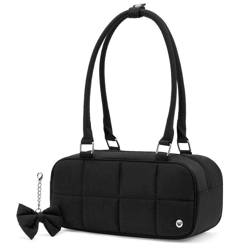 WESTBRONCO Puffer Shoulder Bag for Women Quilted Handbags, Puffy Cosmetic Makeup Bag Organizer with Cute Ornament