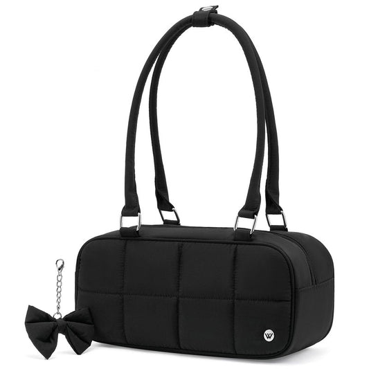 WESTBRONCO Puffer Shoulder Bag for Women Quilted Handbags, Puffy Cosmetic Makeup Bag Organizer with Cute Ornament