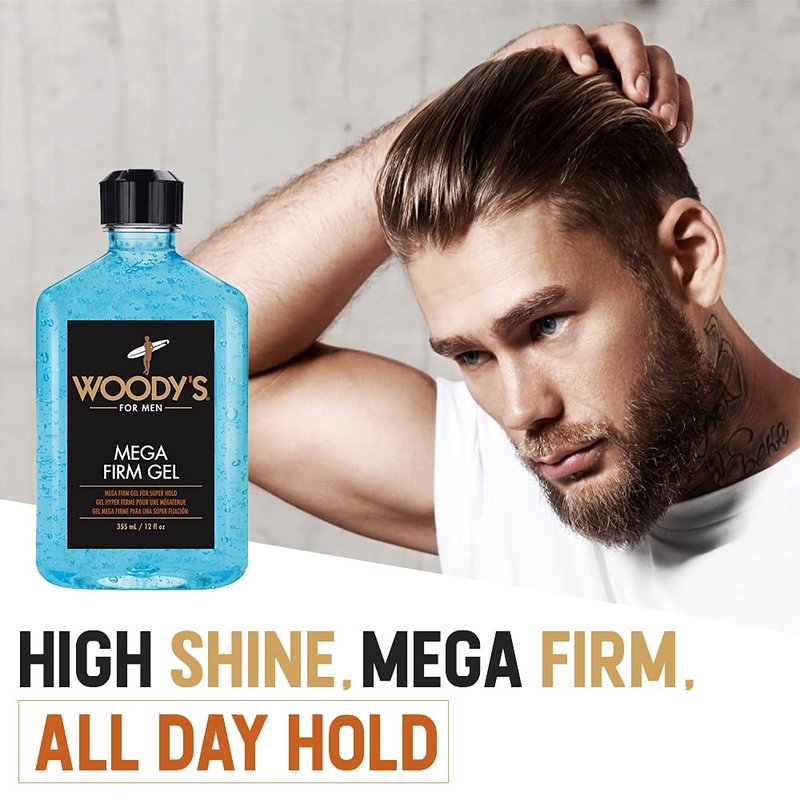 Woody's Mega Firm Hair Gel for Men, Strong Hold, Alcohol-Free, No Flakes, Men's Hair Gel for Strong Hold Styling, Mens Styling Gel - 12 fl oz