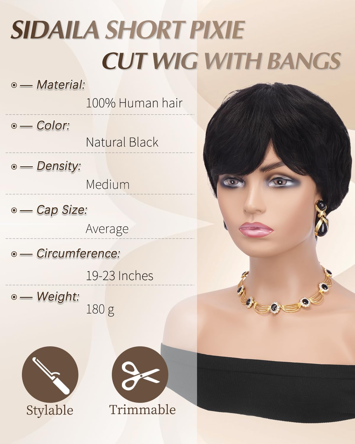 Pixie Cut Wig - Human Hair Short Wig with Bangs for Black Women | Natural Black Glueless Layered Style