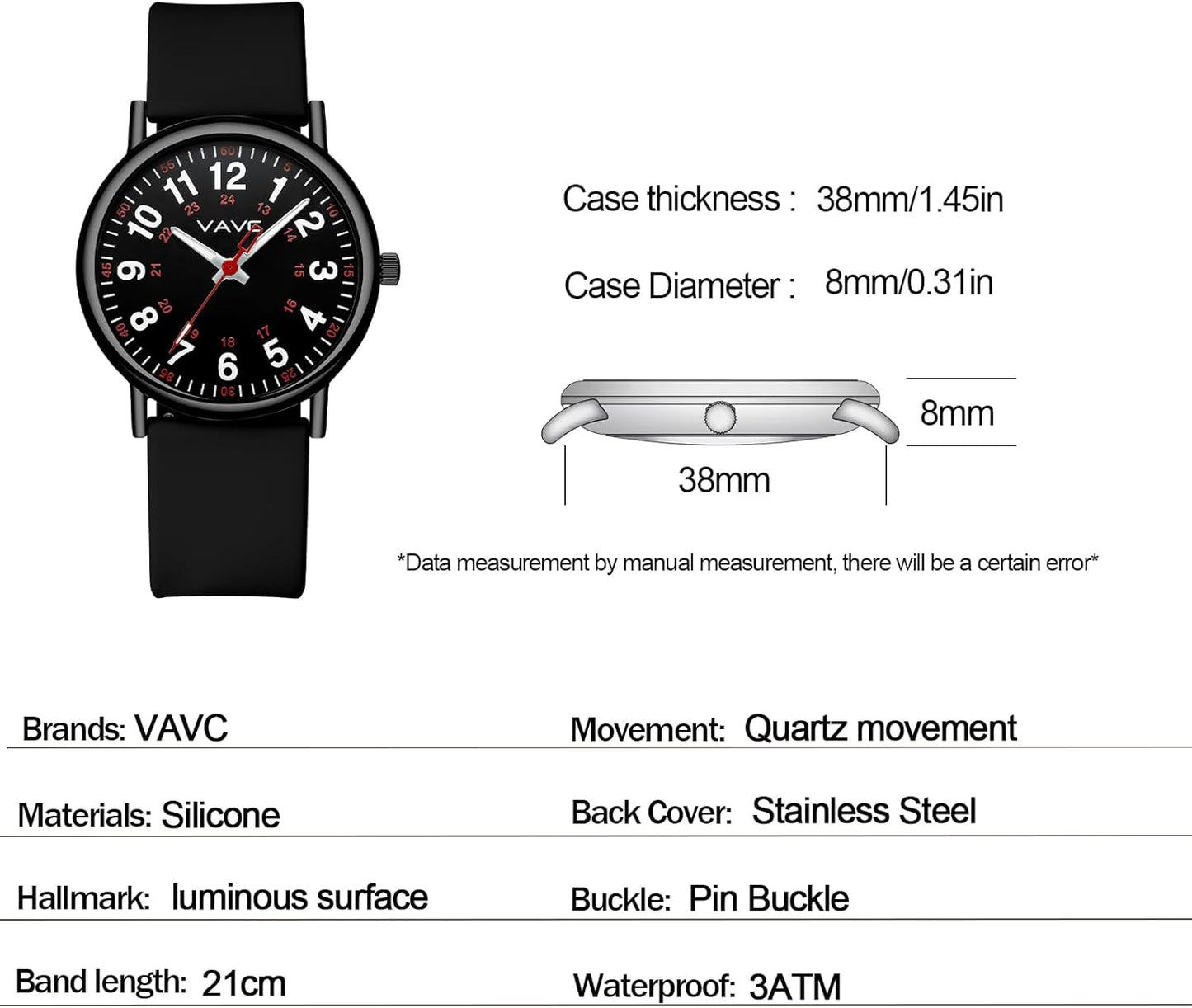 Waterproof Analog Nurse Watch for Nurses,Students,Medical Professionals,Women Men,with Luminouse Easy Read Dial,Military Time,Second Hand and 24 Hour,Comfortable Silicone Band.