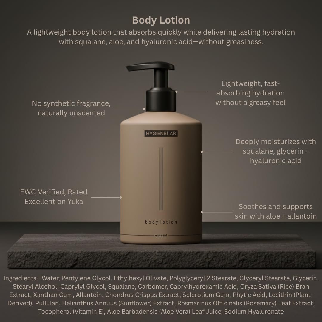 HygieneLab Body Lotion for Men – EWG Verified, Ultra Hydrating, Non-Toxic, Fast-Absorbing, Fragrance-Free, Unscented, Paraben-Free, Sulfate-Free, Daily body lotion for Dry Skin & Sensitive Skin, 12oz