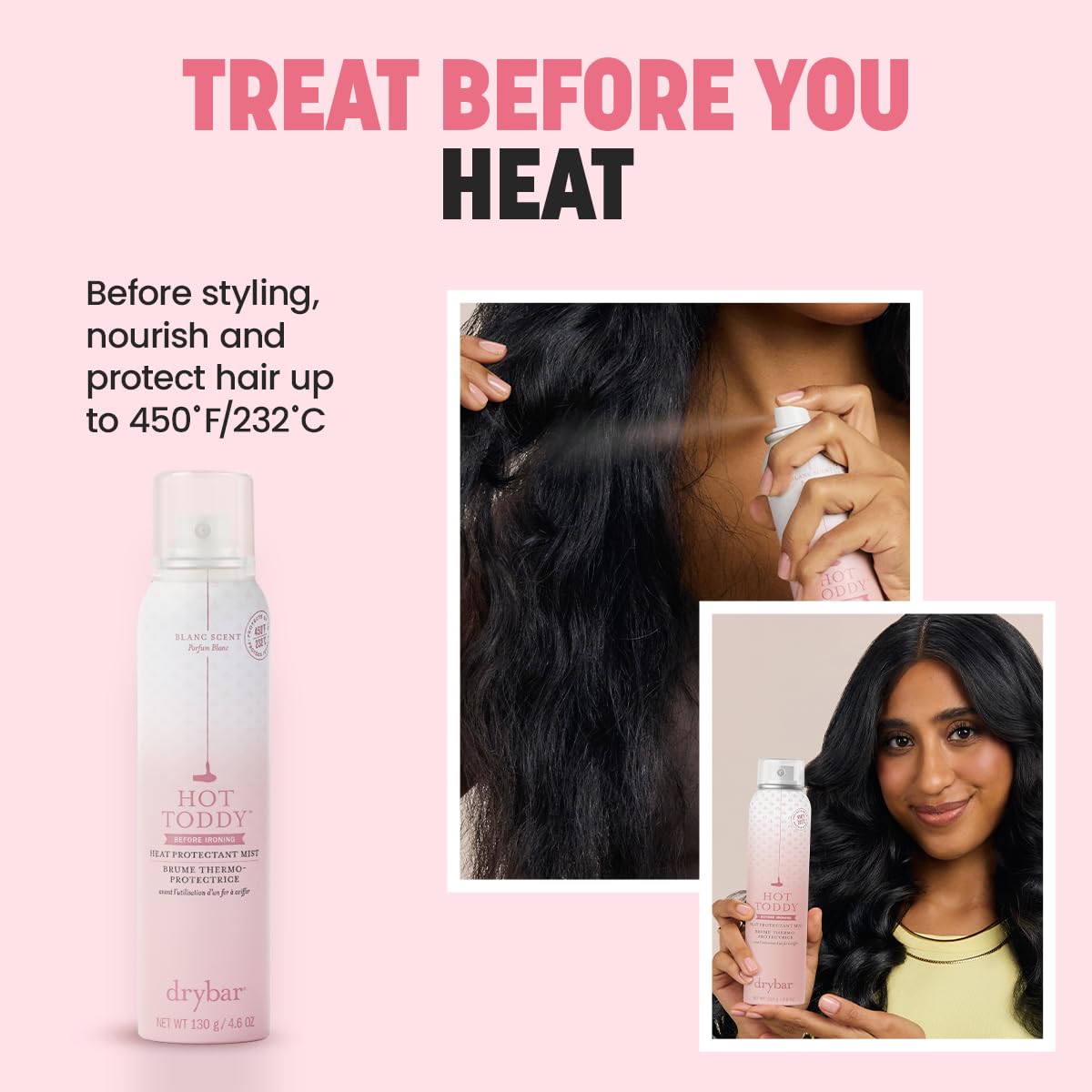 Drybar Hot Toddy Heat Protectant Mist for Hair, Lightweight Formula, Protects from Heated Styling, Straightening and Curling Irons, Blanc Scent, Full Size, 4.6 Oz.