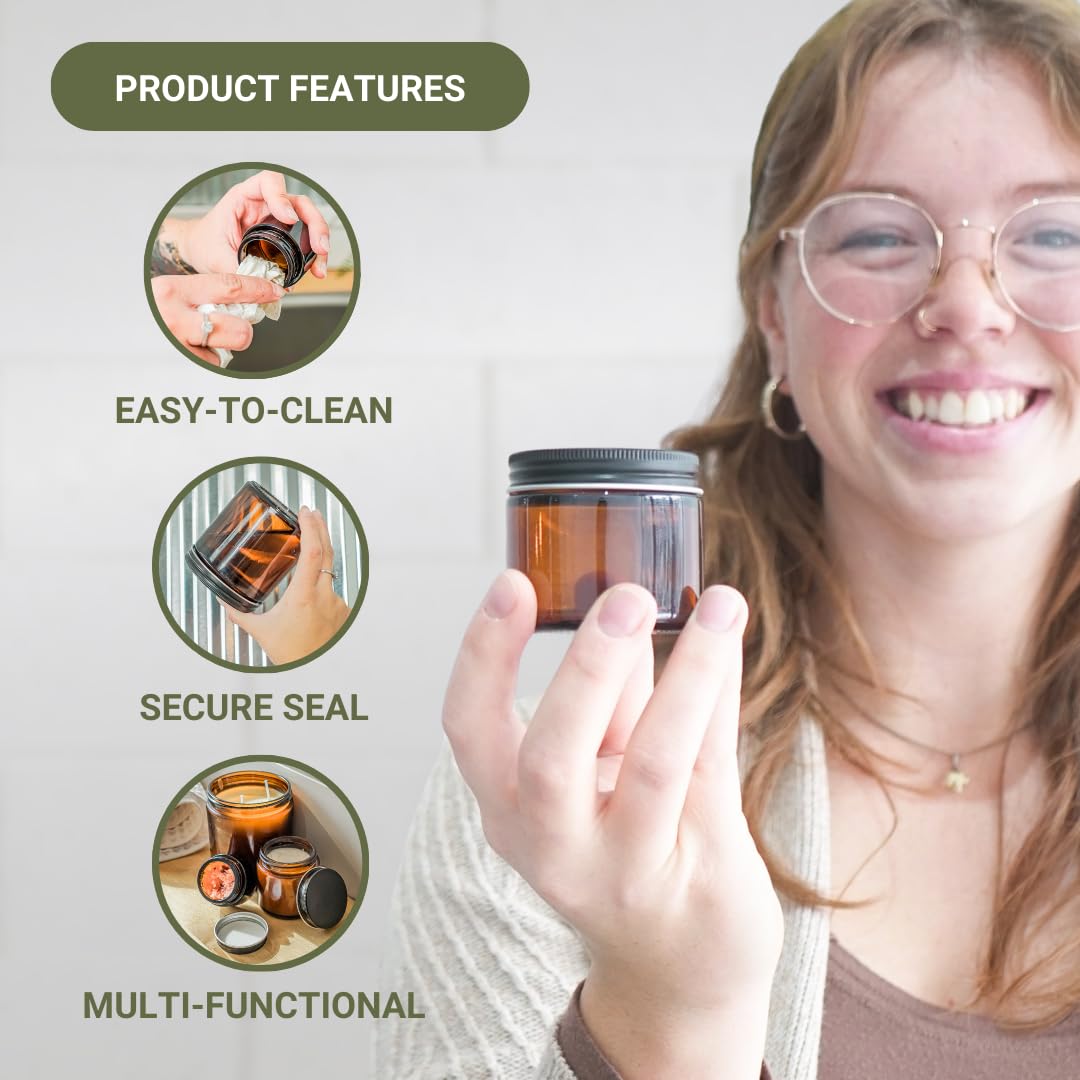 Nature Packaged Glass Amber 2oz Jar - 12 Packs, Lead-Free Empty Round Jars For Beauty Products, Lotion, and Powders - Black Lid - Small Candle Jars