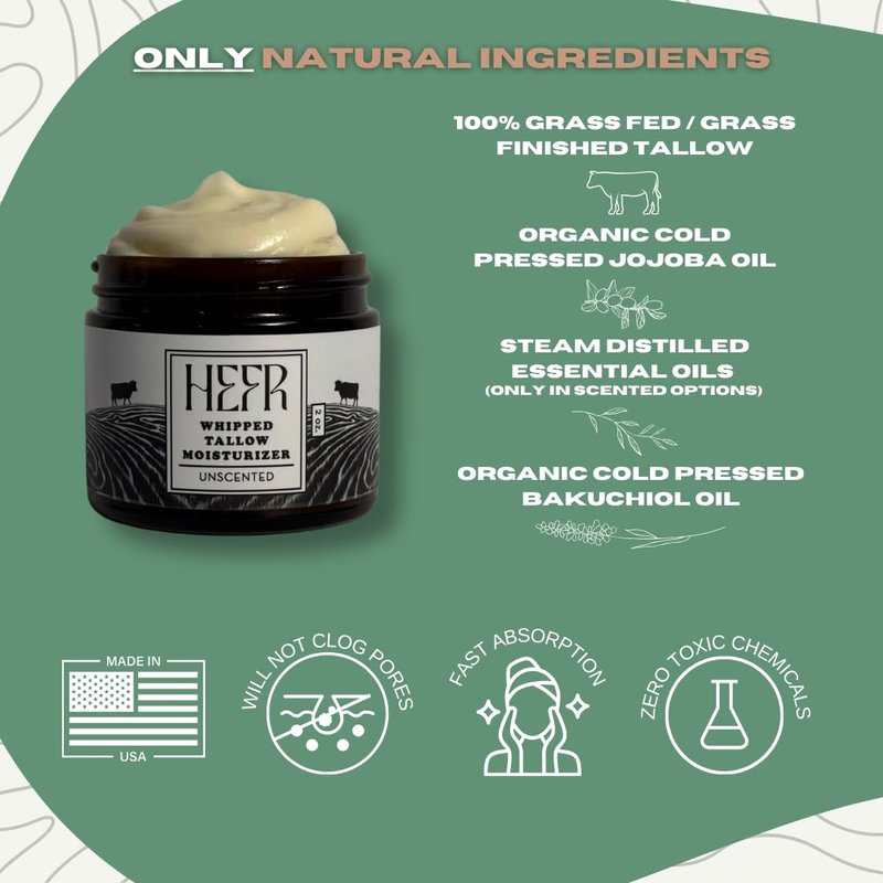 Grass Fed Beef Tallow Moisturizer - All-Natural Whipped Lotion for Skin, Face & Body | 4 oz