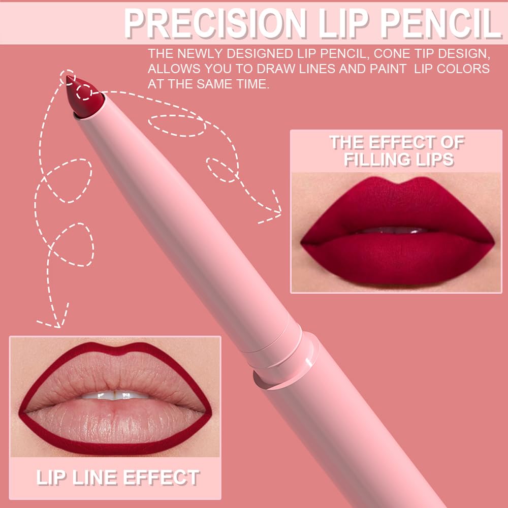 KIMIEYE 12 Colors Retractable Lip Liner Kit for Define & Sculpting Lips Shades, Long Lasting Waterproof High Pigment Matte Finish Creamy Texture Lip Liner Pencil Set for Women