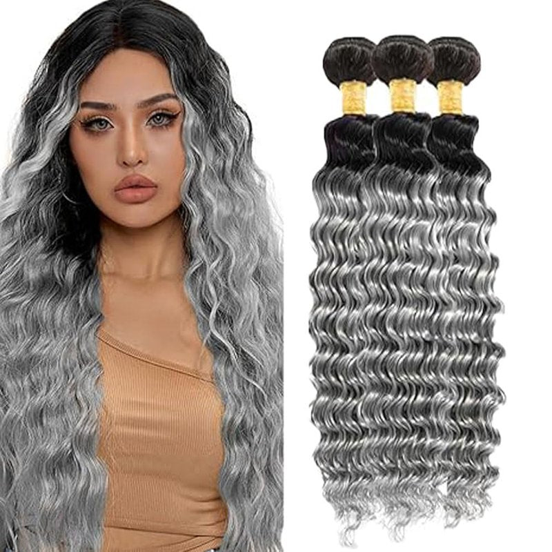 Ombre Grey Human Hair Bundles - 16, 18, 20 Inch Deep Wave | 12A Unprocessed Brazilian Virgin Hair for Black Women