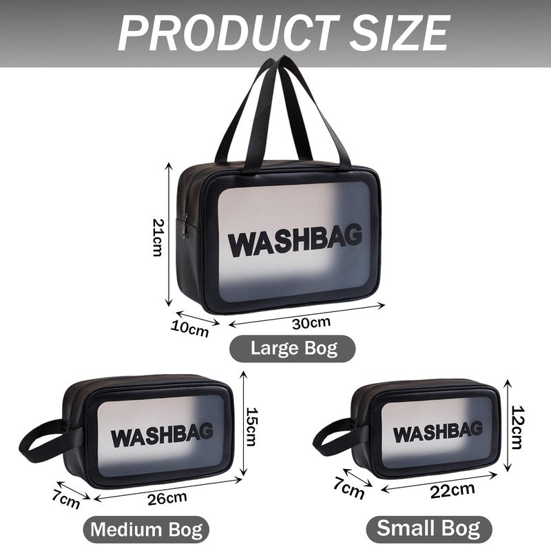 BIRDDIE Clear Travel Bags for Toiletries, 3 Pack Toiletry Bag, Matte Translucent Makeup Bag with Handy Handle, Travel Pouch, Cosmetic Organizer for Travel Essentials (Black)
