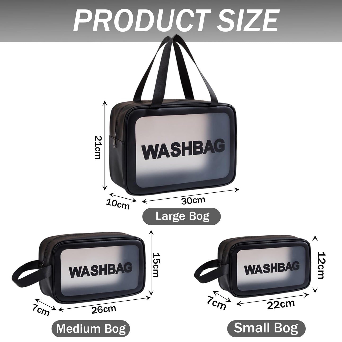 BIRDDIE Clear Travel Bags for Toiletries, 3 Pack Toiletry Bag, Matte Translucent Makeup Bag with Handy Handle, Travel Pouch, Cosmetic Organizer for Travel Essentials (Black)