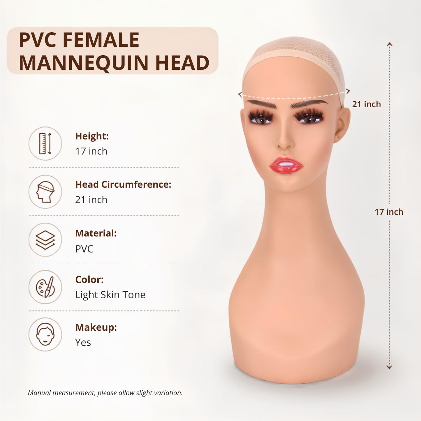 lightmay Female Life size Mannequin Wig Head with Shouolder for Wigs, Hats, Sunglasses Jewelry Display (color of skin, 17 inch)