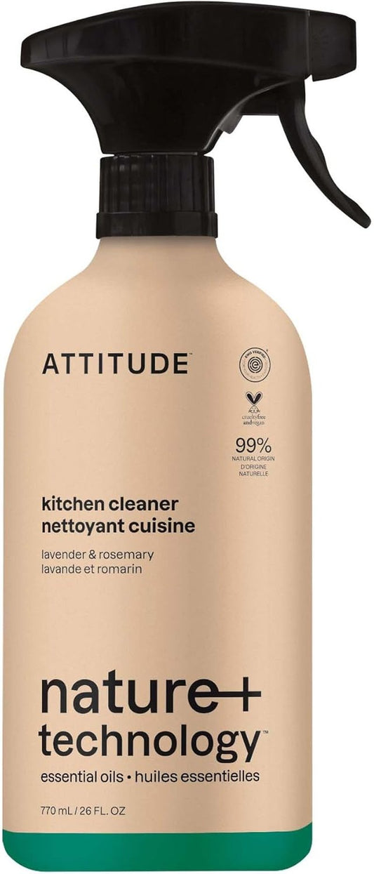 ATTITUDE Kitchen Cleaner Spray - Plant-Based Degreaser for Grease & Grime | Lavender & Rosemary Scent, 26 Fl Oz
