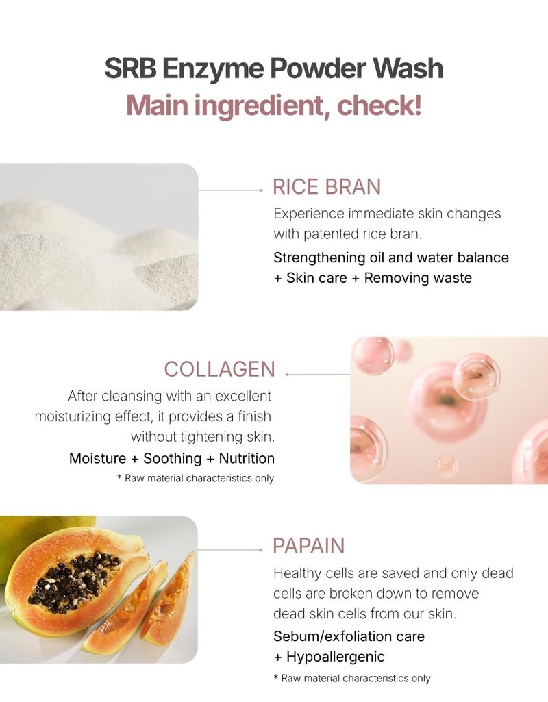 SRB Stabilized Rice Bran Enzyme Powder Wash - Exfoliating Face Wash with Enzymes for Sensitive and Acne Skin - Hydrating Collagen Rice Cleansing Powder (2.46oz)