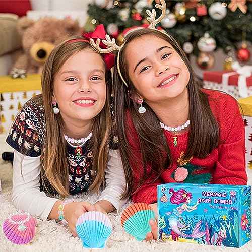 Mermaid Bath Bombs for Girls Kids with Surprise Inside 6+10 PCS Mermaid Gifts for Girls Toys 4 5 6 7 8 Year Old Birthday Easter Basket Sutffer Princess Jewelry Natural Organic Bubble Bath Bomb Set