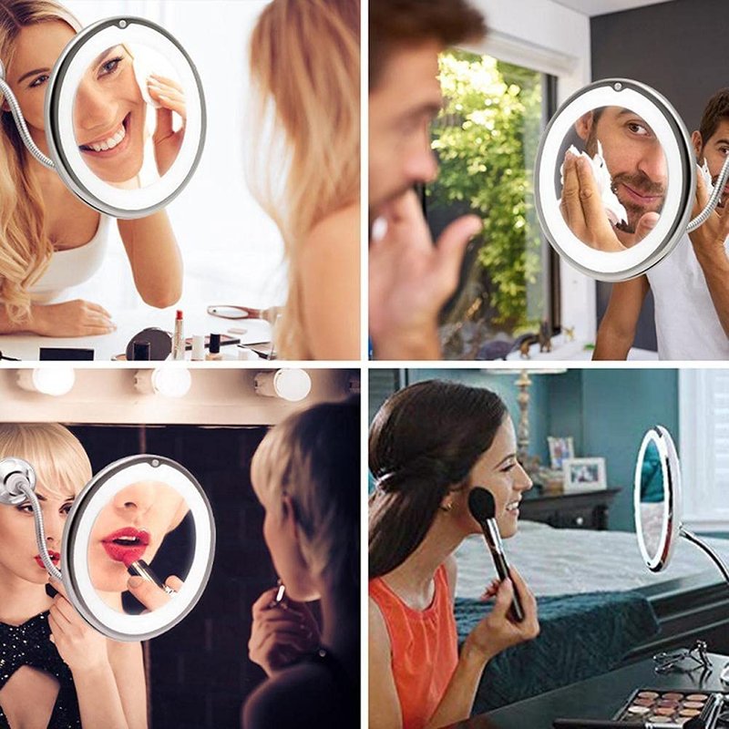 SASKATE Makeup Mirror with LED Light and Suction Cup 360 Degree Swivel Flexible Gooseneck 10X Magnifying Mirror Travel and Home Bathroom Vanity Mirror (White)