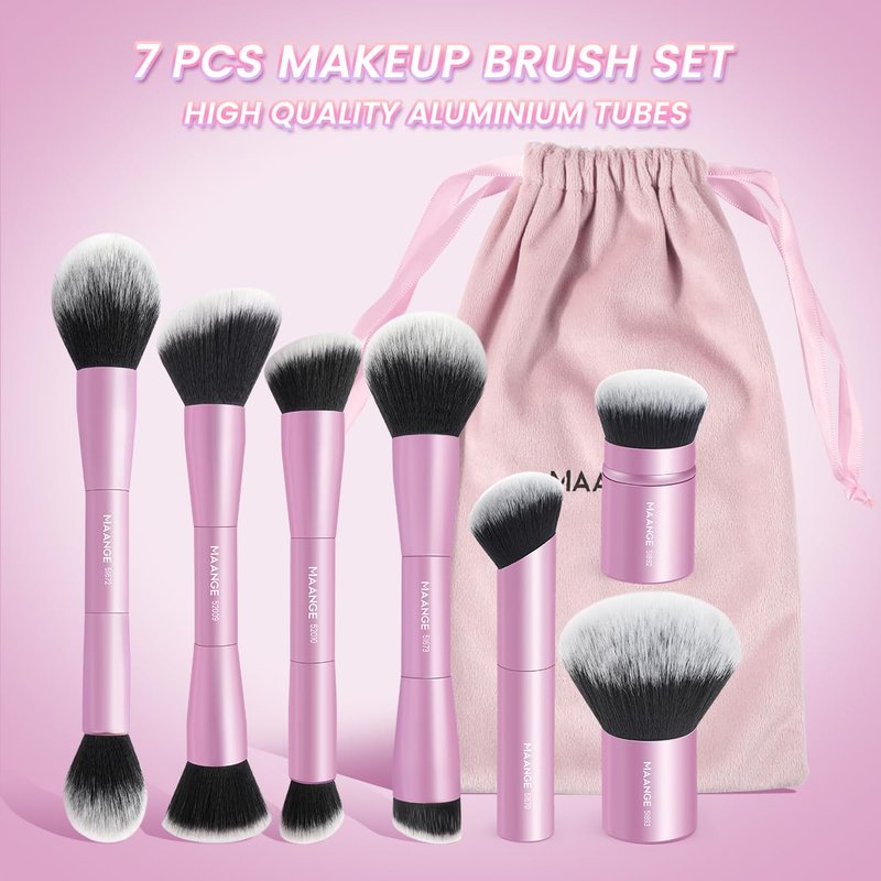 MAANGE 7pcs Makeup Brush Set Double Sided Kabuki Makeup Brushes Contour Brush for Foundation Liquid Powder Concealer Cream Cosmetics Bronzer Blending Blush Buffing Makeup Tools (Pink)
