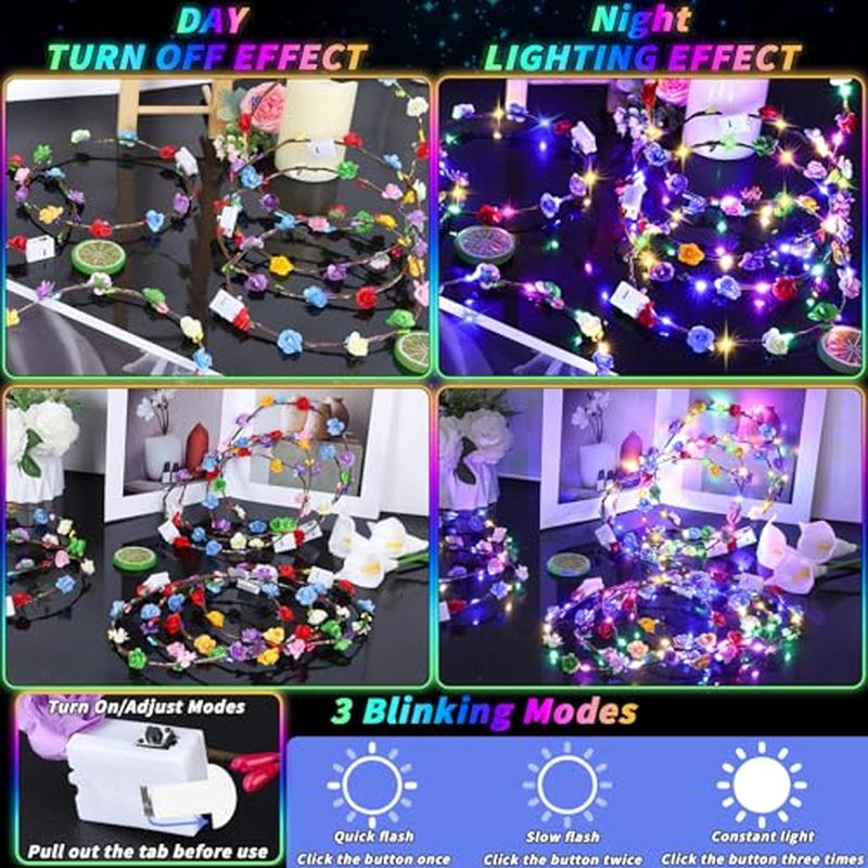 80 Pcs LED Flower Crown Headband Glow Floral Wreath Crown for Women Light Up Flower Headband Glow in the Dark Hair Accessories for Wedding Birthday Cosplay Halloween Christmas Beach Party Favor