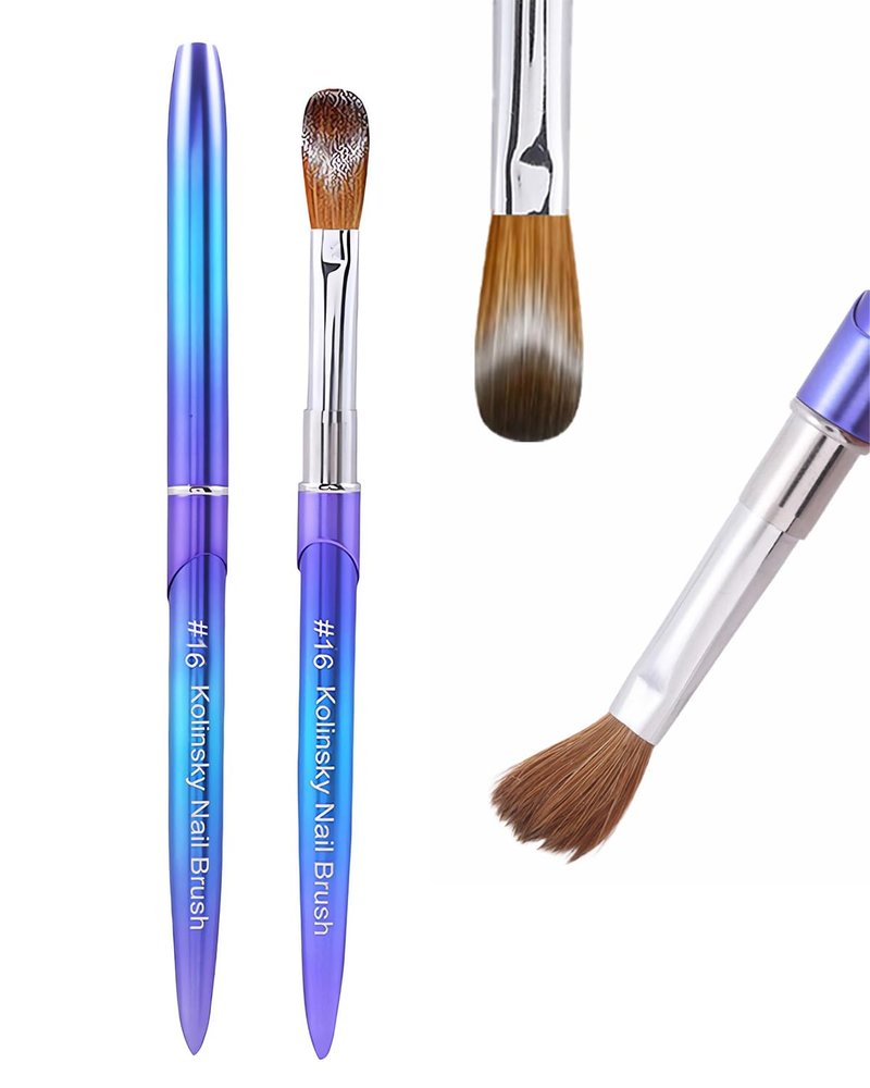 Kolinsky Hair Acrylic Nail Art Brushes - Oval Crimped Tip for Precision Nail Design | Gradient Blue Metal Handle, Size #16