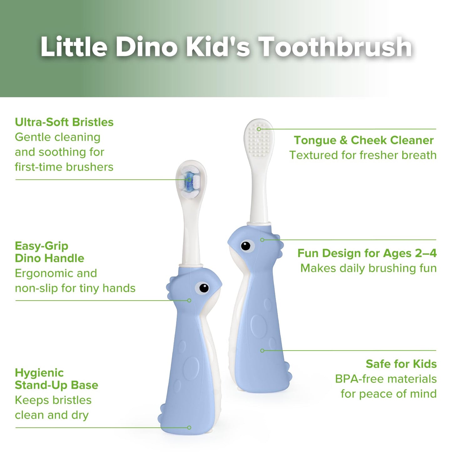 haakaa Dinosaur Toothbrush for Kids 2-4 – Soft Bristles Baby Toothbrush for Toddlers with Silicone Handle, Non-Slip Grip & Tongue Cleaner, BPA Free - Blue, 1 Count