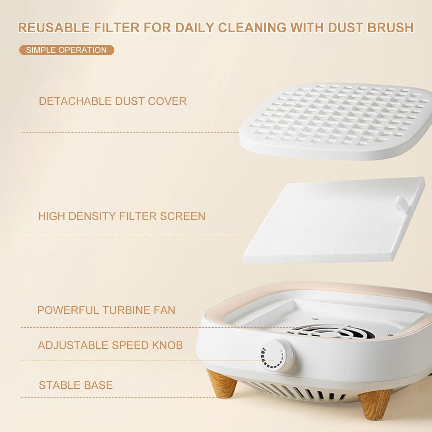 Nail Dust Collector with Reusable Filters - Powerful Vacuum Fan for Acrylic Nails, Salon & Home Use - Milk White