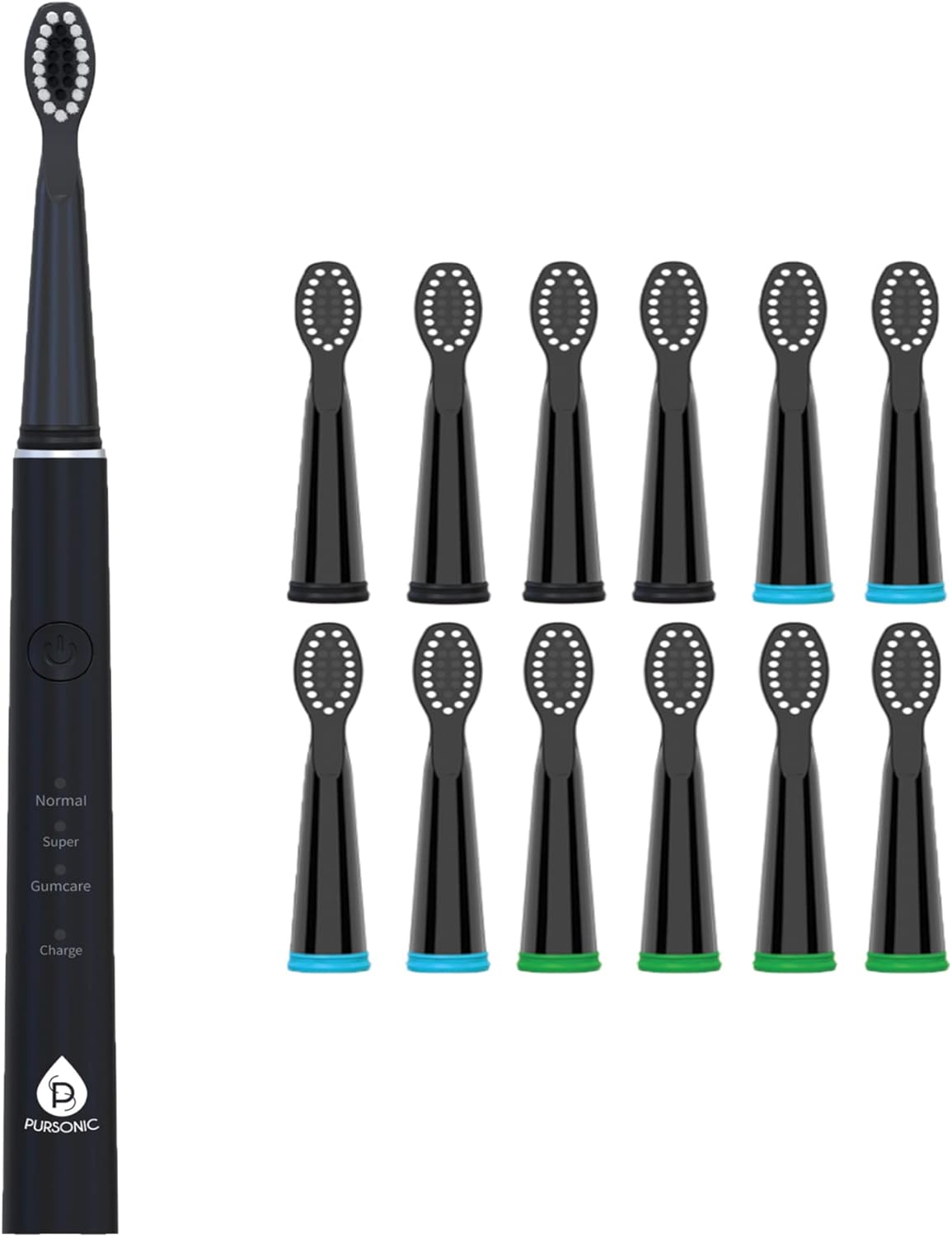 Pursonic Sonic Toothbrush - USB Rechargeable with 12 Brush Heads & 38,000 Strokes/Min | 3 Modes & Timer (Black)
