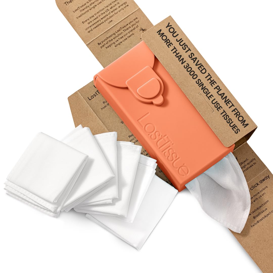 LastTissue® Reusable Cotton Tissue Pack | Face Towels & Handkerchiefs for Men & Women – Washable, Sustainable Facial Tissue with Storage Case - Peach