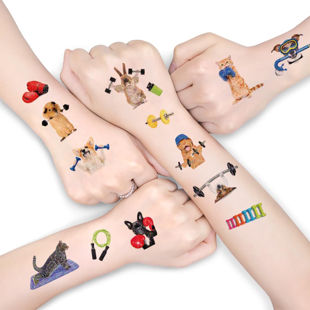 Oottati 12 Sheets Waterproof Temporary Tattoos Stickers Small Cute Animal Loves To Gym Cat Dog Mouse Keep Fit Boxing Jumping Weightlifting Dumbbell Kettlebell Rope Suit For Kids And Adults