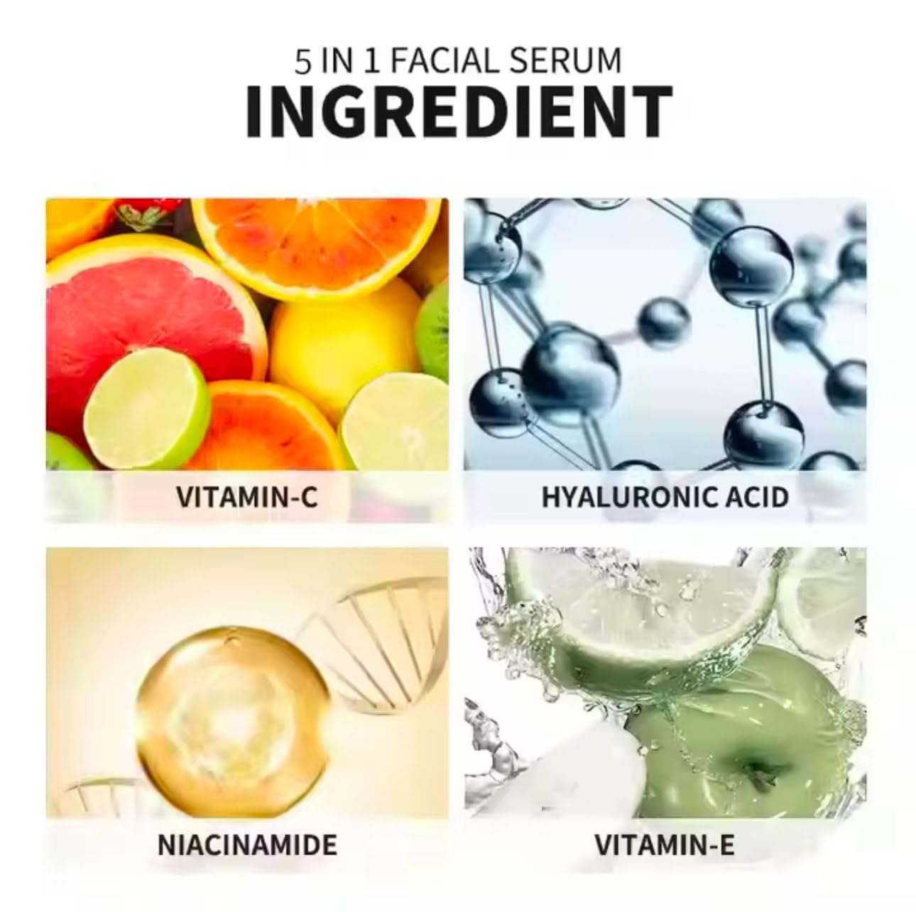 SERUM FACIAL 5 EN 1 - GLUTATIÓN,ÁCIDO HIALURÓNICO, VITAMINA C, VITAMINA E Y NIACINAMIDA - ANTIMANCHAS E HIDRATANTE, ANTIEDAD, ILUMINADOR, ANTIACNÉ, CONTROLADOR DE GRASA Y REAFIRMANTE - 30 ML