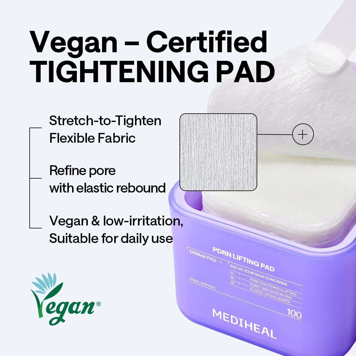 Mediheal Toner Pads - PDRN Stretchable Lifting Pads with Squalane & Glutathione | 100 Count, Vegan Rose Fabric for Wrinkle & Pore Care