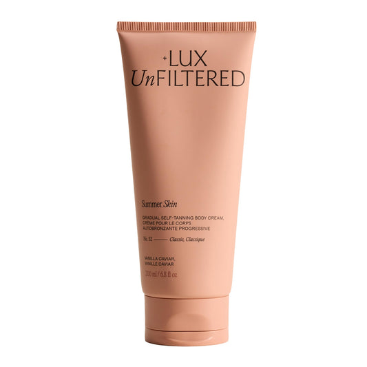 + Lux Unfiltered N°32 Summer Skin Classic Gradual Self Tanner, Hydrating Self Tanning Lotion - Shea Butter & Squalane - Non-Sticky, No Transfer, Natural-Looking - Vegan Sunless Tanner - Vanilla Caviar