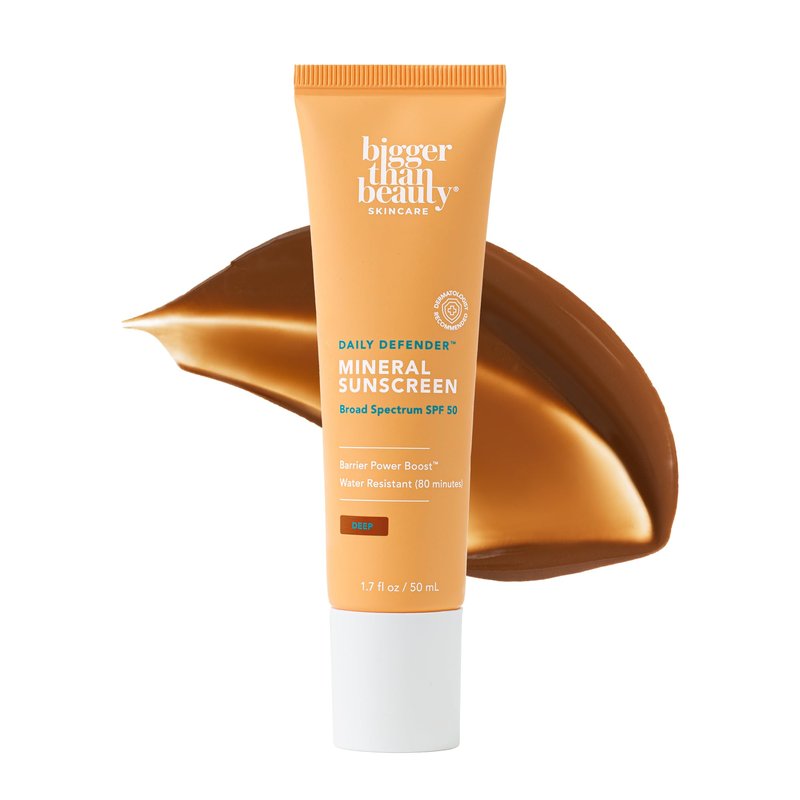 Bigger Than Beauty Skincare, Daily Defender Broad Spectrum SPF 50 Mineral Sunscreen with Hyaluronic Acid, Vitamin C & Niacinamide (as Vitamin B3), Lightweight UVA & UVB Protection, Skin Care, Untinted