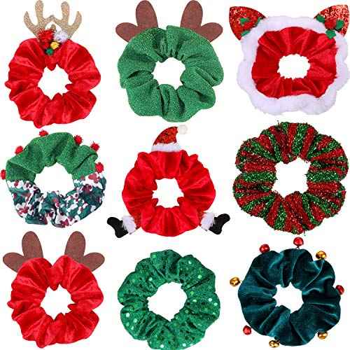 9 Pieces Christmas Hair Scrunchies Bulk Elk Santa Claus Elastic Hair Bands Xmas Hair Ties Glittery Ponytail Holders Women Hair Accessories