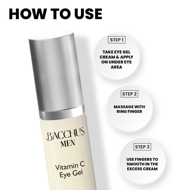 Bacchus Men Vitamin C Eye Gel, Reduce Dark Circles, Spots and Eye Puffiness - Anti Aging Treatment Nourishes, Revitalizes, Soothes, and Refreshes the Look of Your Eye Area | Made in USA | 0.5 oz