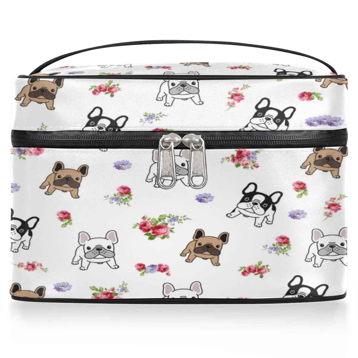 Funky Qiu Makeup Bag,French Bulldog Flower Cosmetic Bags for Woman Girls,Portable Large Capacity Travel Makeup Case Organizer Cosmetic Case Travel Essential