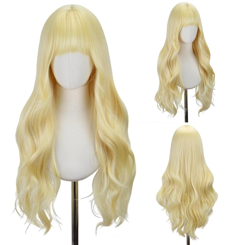 Blonde Wig with Bangs for Women - 26 Inch Long Wavy Synthetic Heat Resistant Hair | Natural Look for Daily Use & Cosplay