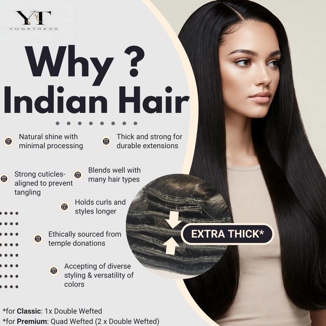 Yogatress Clip in Hair Extensions Real Human Hair – 100% Indian Remy Natural Raw Human Hair Extensions, Clip ins for Women, Double Weft, Pack of 1 – 7Pcs Straight 1B Natural Black 16 Inch 70g Classic