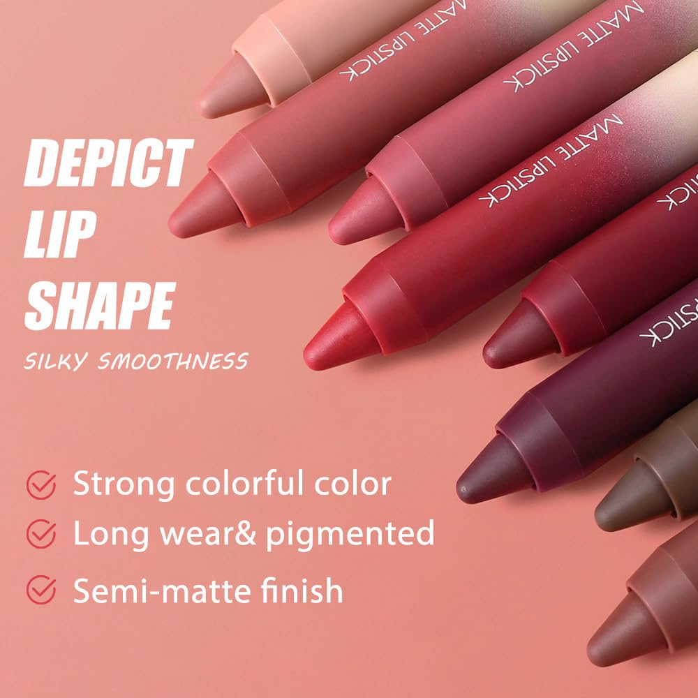 Matte Lipstick Crayon - High-Pigment Lip Liner Pencil | Waterproof, Smudge-Proof, Velvet Texture, Fits All Tones
