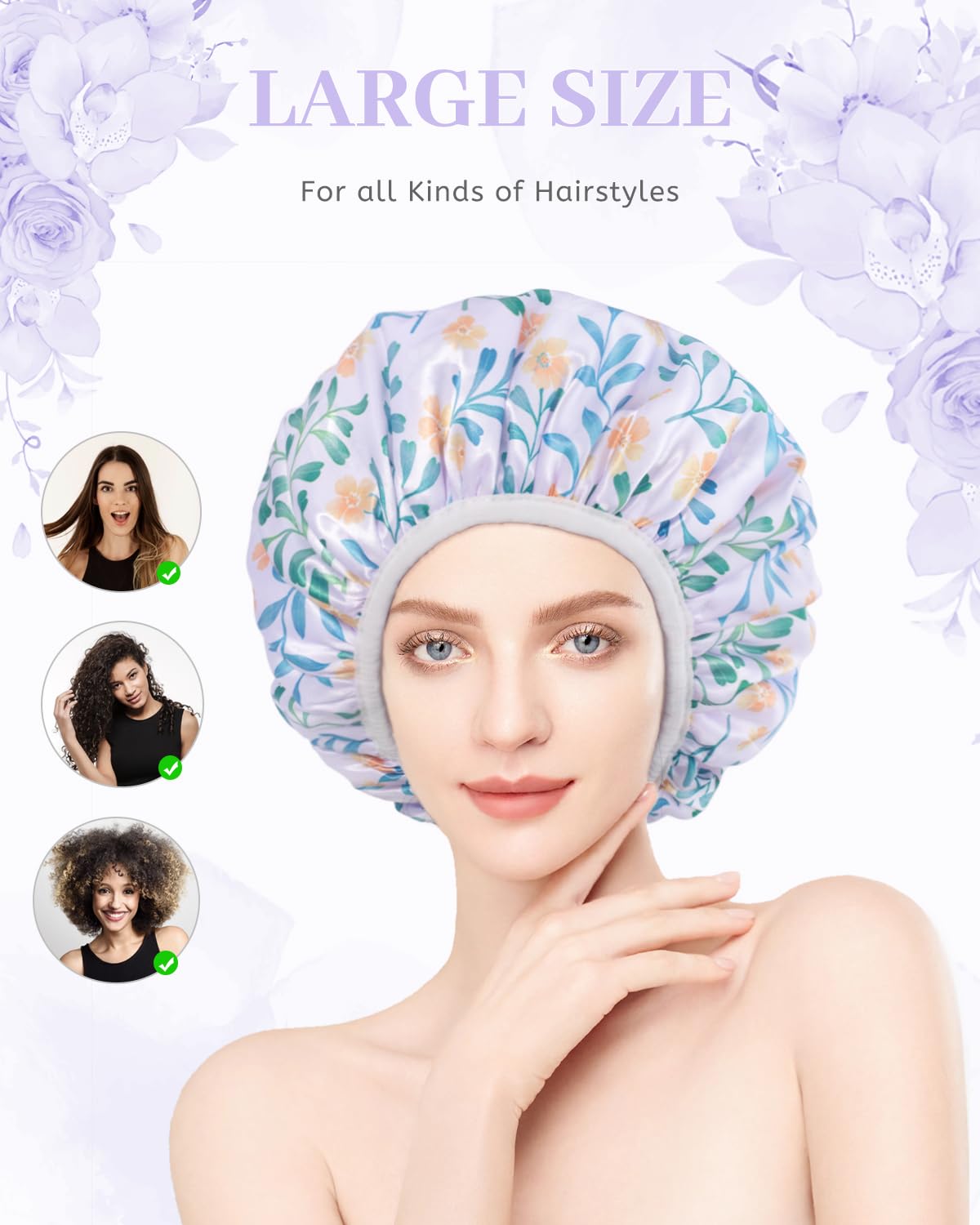 Gootty Shower Cap, Terry lined Reusable shower caps, Large Shower Cap for Women, Waterproof Hair cap Triple Layer Shower Caps for Long Thick Hair